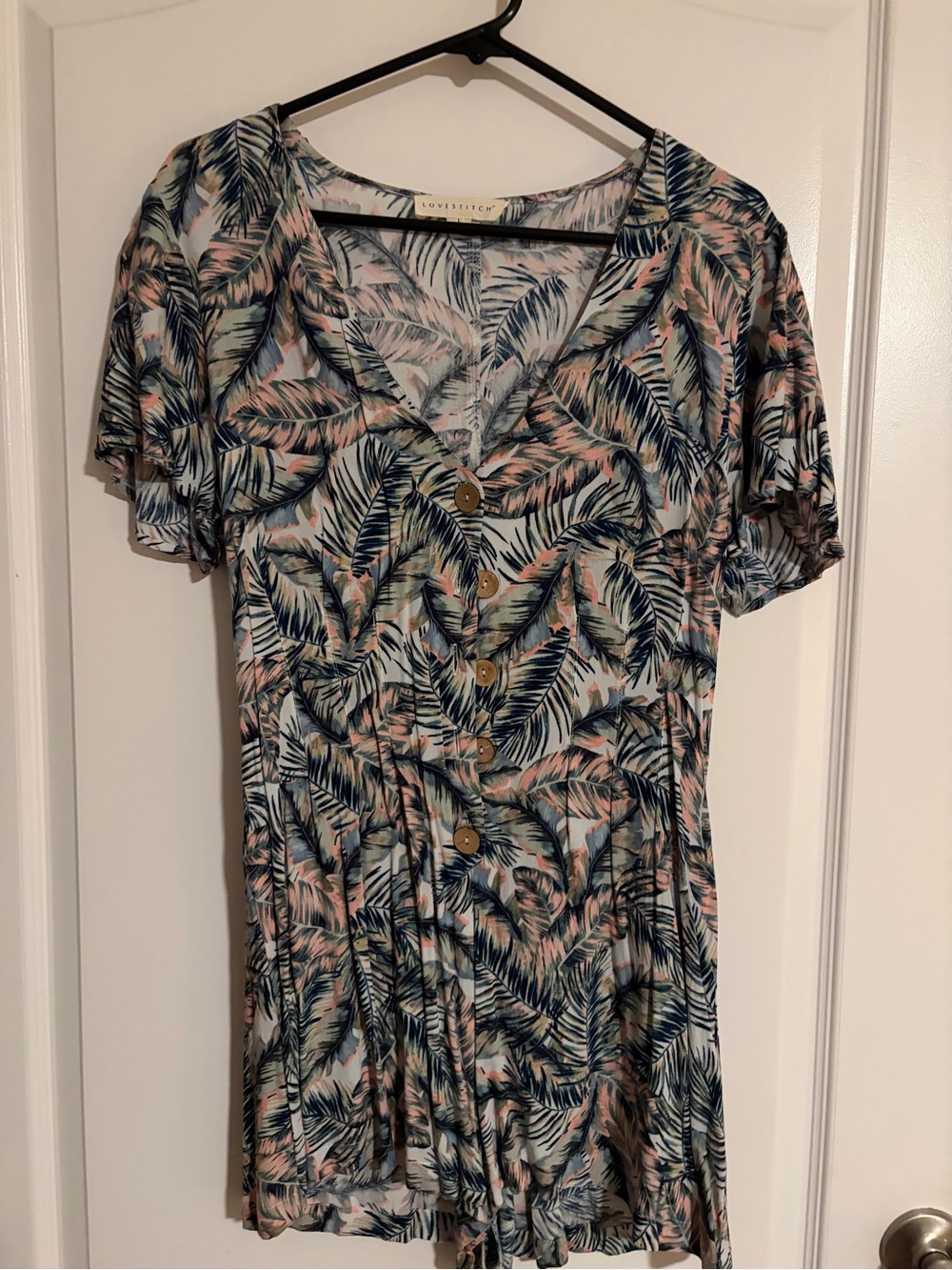 lovestitch Button-Front Tropical Leaf Top — Blue & Pink